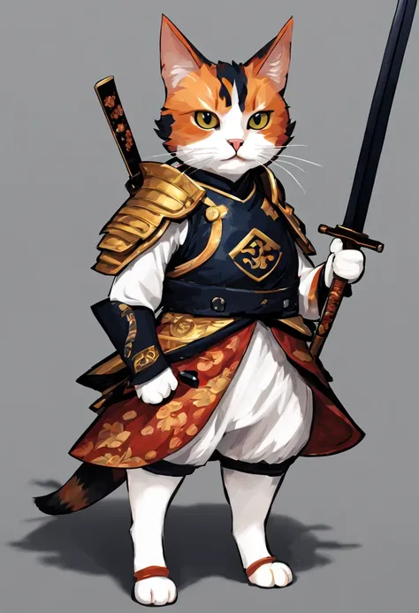 a calico cat, the size of a small , con armadura y espada samurai, con una mirada desafiante 