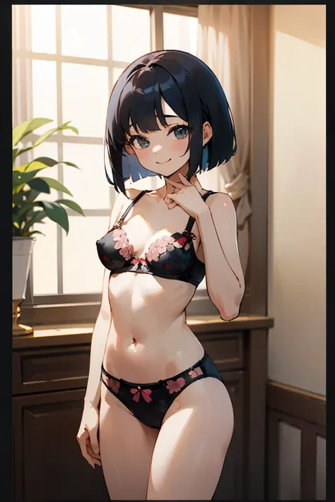 NSFW、with the best image quality、8K、teenage girl standing in the room。black bob hair、cute smile.。cute floral bra、Wearing cute floral panties。