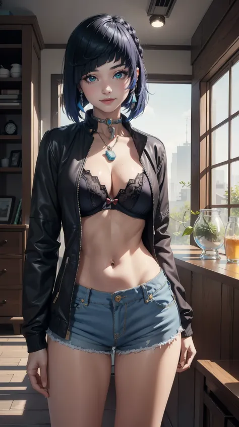 Masterpiece, high quality, 8k, ultra detail, 1 girl, ((yelanrnd)) standing, indoors, (large breast), cleavage, smile, ((shorts)), (bra:1), navel, (jacket)