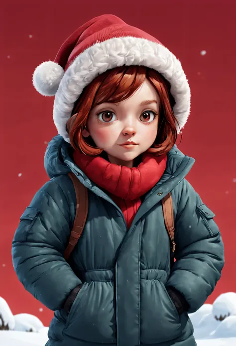 illustration of a character in winter clothes in front of a red background