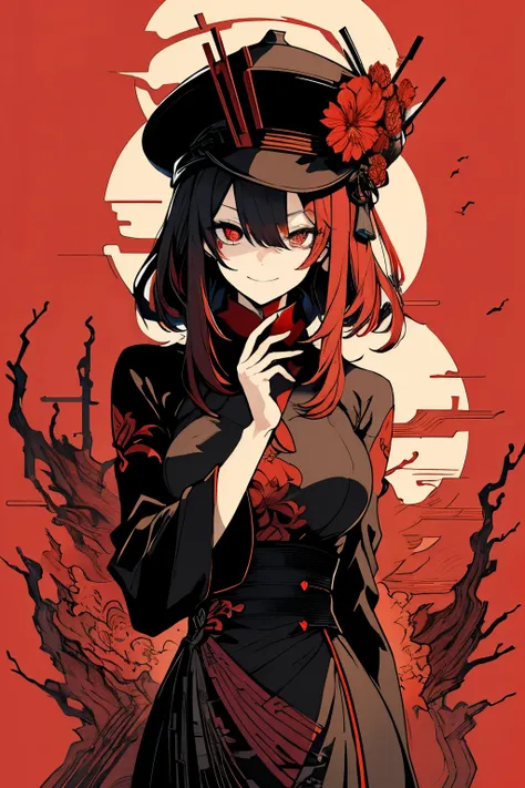 hu tao \(genshin impact\), 2d, symbol-shaped pupils, flower-shaped pupils, hat, red flower, red eyes, full body, young woman, be...