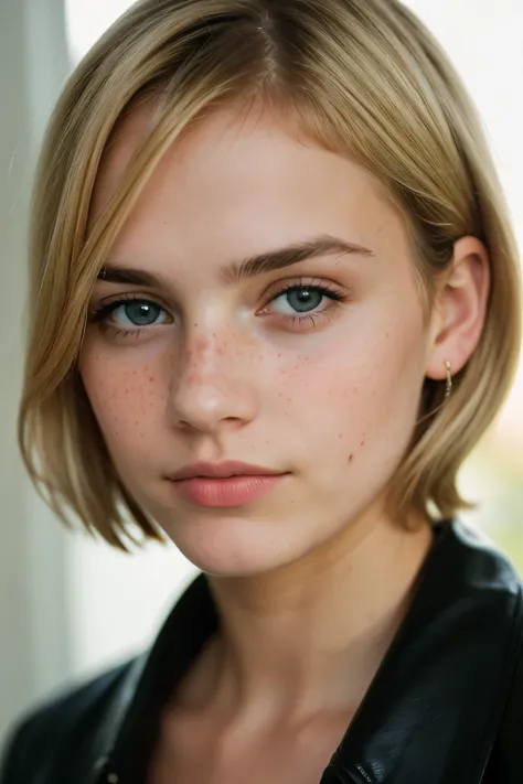 photo of a young girl 25 years old, (sympathetic expression on his face), Ultra textured leather, goosebumps, freckles, blonde with medium length haircut, Group profile, Perfect eyes, looks at the camera, full face ((hard lighting:1.4)), Velvia 100 color, ...