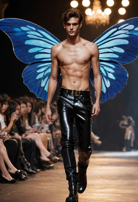 Delphine Enjolras (Delphine Enjolras) style,，Scene design，（whole body）， （時尚维多利亚的秘密内衣Fashion show scene：1.3），Sad handsome male model，Carrying large plastic clear butterfly wings，shorts，Typical Victoria&#39;s Secret Fashion Show Elements，bronze skin，The brid...