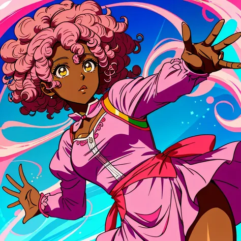 DARK SKINNED AFRICAN WOMAN ANIME CHARACTER, SUPER CUTE, IN PINK OUTFIT WITH CURLY HAIR