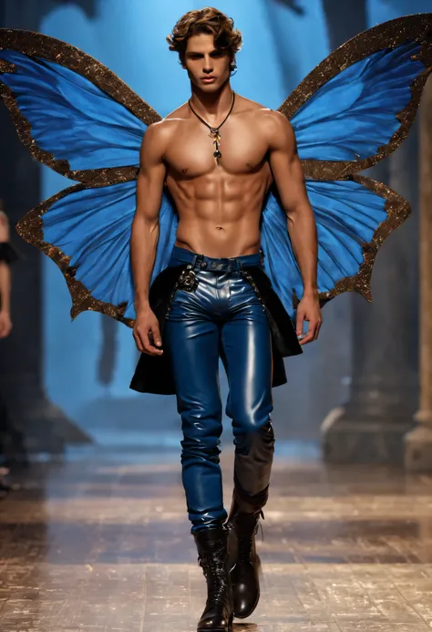 Delphine Enjolras (Delphine Enjolras) style,，Scene design，（whole body），
（時尚维多利亚的秘密内衣Fashion show scene：1.3），Sad handsome male model，Carrying large butterfly wings，Typical Victoria&#39;s Secret Fashion Show Elements，bronze skin，The bridge of his nose is hig...