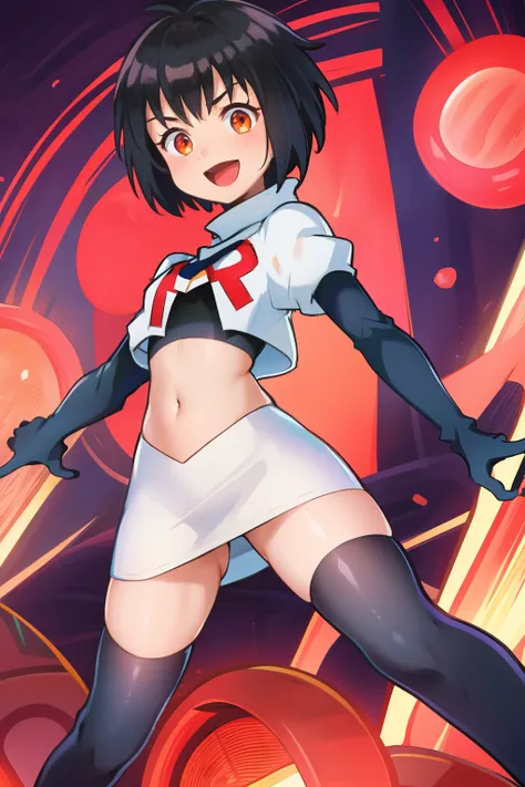 peniparker, :d, looking at viewer, cowboy shot, pale skin, team rocket,team rocket uniform, red letter R, white skirt,white crop top,black thigh-highs,black elbow gloves