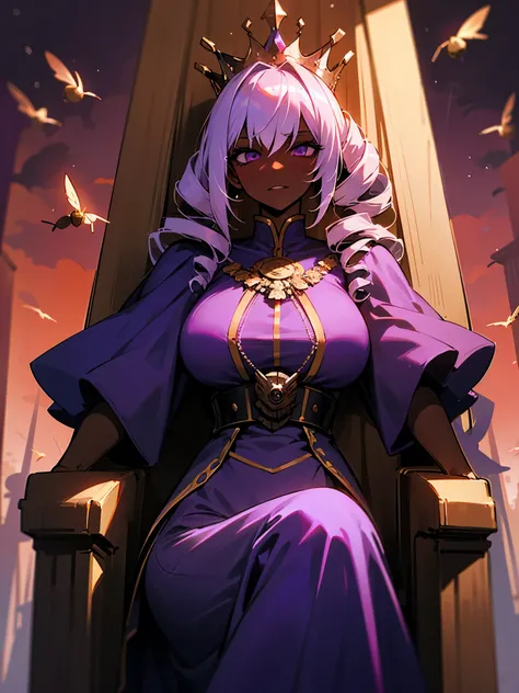 1 queen, dark skin, purple colors, hair drills, purple dress, crown, throne, bees flying around, forest backgroung, sunset, throne, busty, imposing scary expression, looking down, lightened body