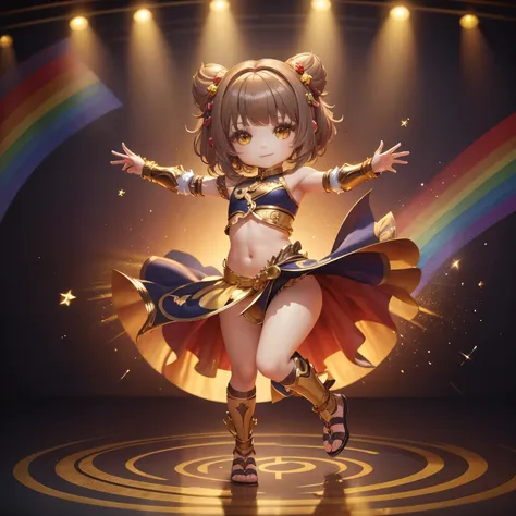 ​masterpiece、top-quality、ultra-detailliert、(chibi chara's daughter:1.3),belly dance,rainbow costume,the background is a simple g...