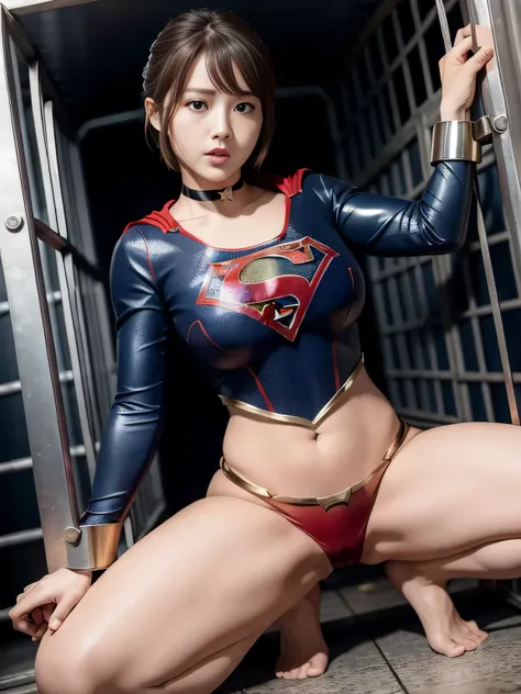 masterpiece、supergirl costume、short hair、barefoot、big and full breasts、Crisis situation、prison、in a cage、sense of abuse、torture、spread your legs、handcuffs、shiny、looking at camera、Seduce、choker、long sleeve、red sexy pose、POW camps、humiliating