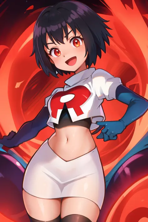 peniparker, :d, looking at viewer, cowboy shot, pale skin, team rocket,team rocket uniform, red letter R, white skirt,white crop top,black thigh-highs,black elbow gloves