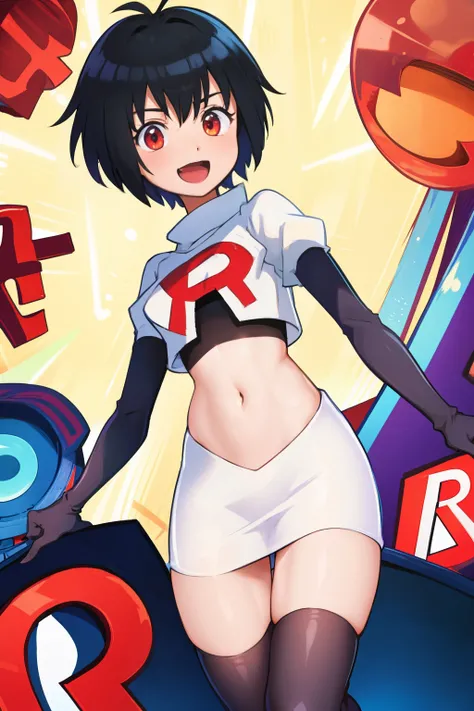 peniparker, :d, looking at viewer, cowboy shot, pale skin, team rocket,team rocket uniform, red letter R, white skirt,white crop top,black thigh-highs,black elbow gloves