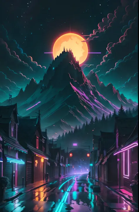 retrowave.  road,  purple neon lights, sun, mountain, 
(masterpiece,detailed,highres),