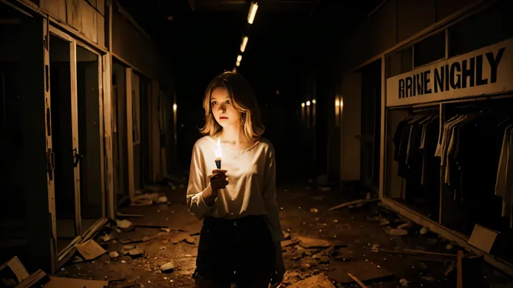 A 20 year old white woman is holding a candle in a very dark abandoned cracked dusty fashion store at night, 4k, highly detailed, ultra realistic, cinematic.
