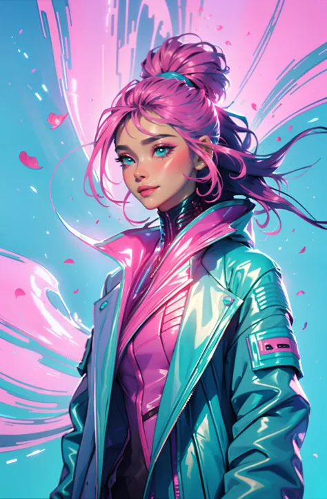 cyberpunk female woman wearing (turquoise jacket with chromatic accents:1.1), sleek pink and white full bodysuit, side view turn...