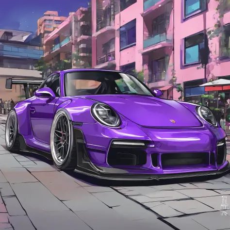 
Porsche 911 rwb, wide bodykit, large wheels, sketch, toonishmix, cartoonish, comic strip, rendering, purple wheels, bagged, slammed to the ground, empty parkinglot, style dessin manga, couleur