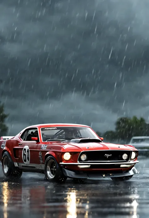 1969 Ford Mustang racing, realistic, masterpiece, high detail, raining, lightning.