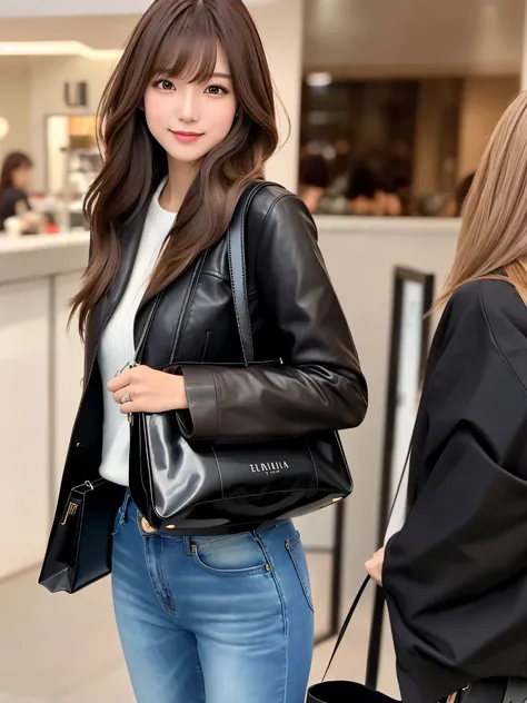 product quality, 1 girl, cowboy shot, front view, a Japanese young pretty girl, long bob hair, shopping with a big smile in a crowded luxury boutique in a big city, wearing a black leather jacket over a sweater, denim pants, a tote bag over her shoulder, h...