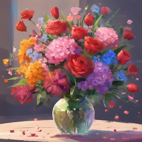 (((Masterpiece))), best quality, ultra-detailed CG unity 8k wallpaper, Man giving flowers: Red Roses, Yellow Daisies, White Lilies, Pink Carnations, Blue Forget-Me-Nots, Orange Gerbera Daisies, Purple Hyacinths, Green Ferns, Black Tulips, and Silver Static...