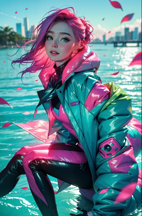 cyberpunk female woman wearing (turquoise jacket with chromatic accents:1.1), sleek pink and white full bodysuit, side view turn...