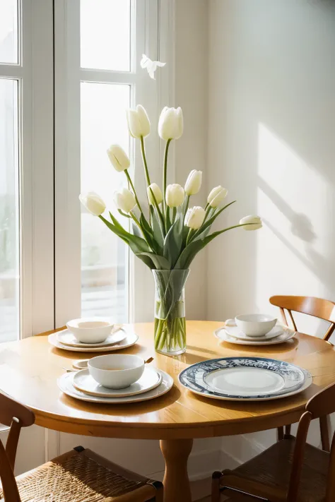 Scandinavian style, fine dining table, bread and honey,  hand-painted ceramic plates, tulip vase, soft light, high resolution