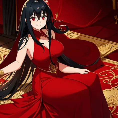 a woman wearing a red dress, in a luxurious room, smiling, long black hair, red eyes.