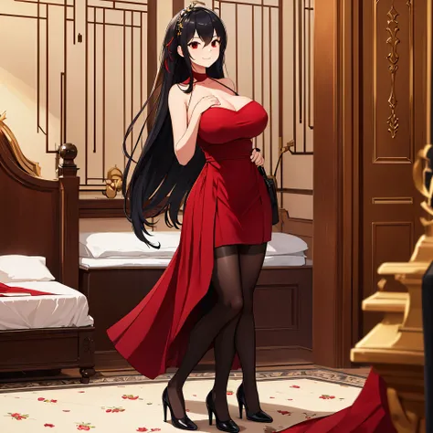 a woman wearing a red dress, in a luxurious room, smiling, long black hair, red eyes.
