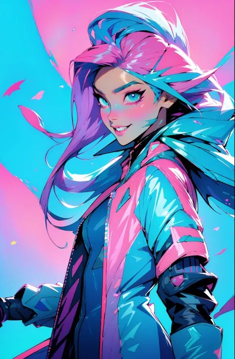 cyberpunk female woman wearing (turquoise Jacket with chromatic accents:1.1), sleek pink and White full bodysuit, side view turning to face camera, (Petal Blush, Lagoon Blue color background:1.3), amazing smile, looking at camera, golden hour
