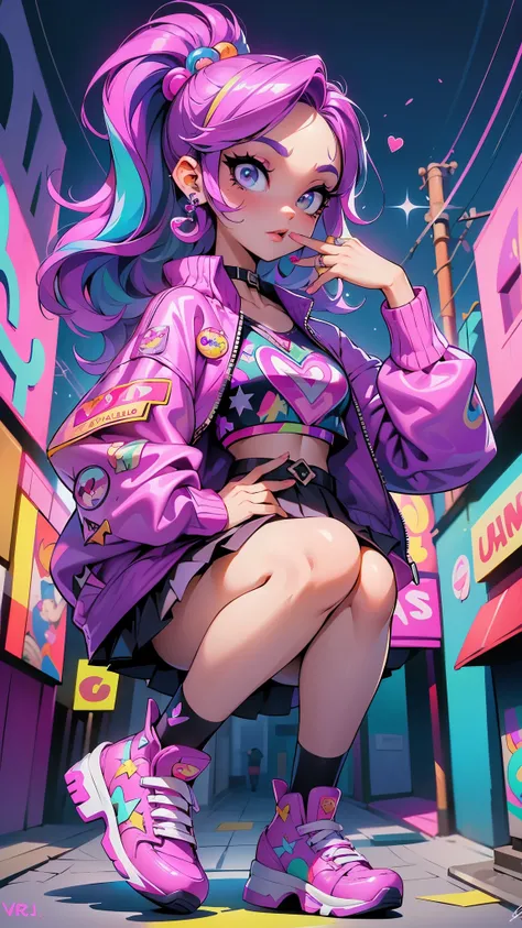 (La mejor calidad,A high resolution,Ultra - detallado,actual),Ariana Grande in a purple skirt and a pink top in an alley , Violeta Myers, alex yanes y lisa frank, estilo lisa frank, Sweet girl, traje morado, bella delfina, Lisa - Frank, promotion still, ch...