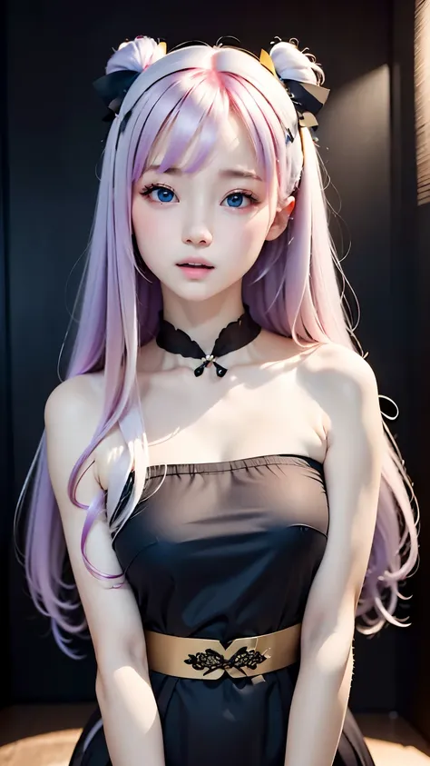 one woman、(((Beautiful gradient hair)))、((( big ribbon hair ornament)))、very cute、camisole dress、simple background、background is blurry、An ennui look、small breasts、perfect lighting、cinematic lighting、(smile:0.2), (highest quality:1.0), (超A high resolution:...