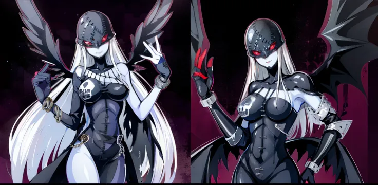 woman, detailed body, large bust, sky blue skin, long straight gray hair, very fitted black leather suit that sticks to the skin, flirtatious smile, casual pose, leather mask that covers her head and ends under her eyes, eyes red, ultra detailed, fine nose...