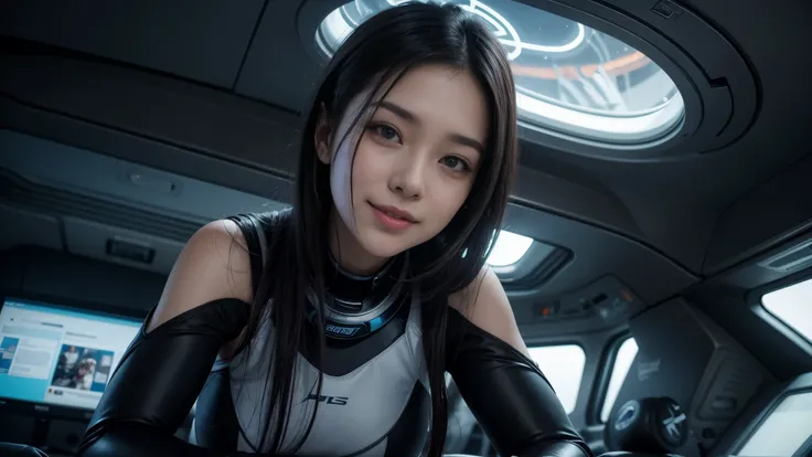 beautiful girl, beautiful smile, futuristic swimsuit, in an ultra modern spaceship