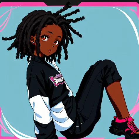 DARK SKINNED AFRICAN girl ANIME CHARACTER, SUPER CUTE, IN ALL BLACK CUTE OUTFIT, no other colors WITH SHORT DREAD LOCS 