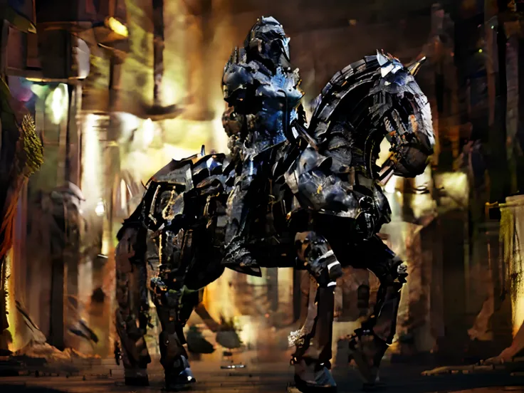 (A creepy black mechanical horse), photo realistic, hyper realistic fighting mecha, masterpiece, borg horse, cyber horse, undead cyborg creature, borg, futuristic horse, robot horse, (mech horse), (black mechanical horse and rider)