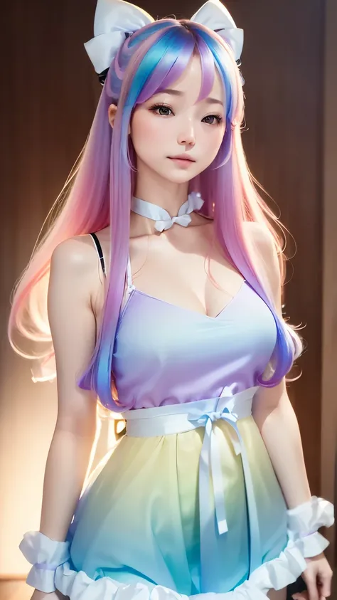 one woman、(((Beautiful gradient hair)))、((( big ribbon hair ornament)))、very cute、camisole dress、simple background、background is blurry、An ennui look、small breasts、perfect lighting、cinematic lighting、(smile:0.2), (highest quality:1.0), (超A high resolution:...