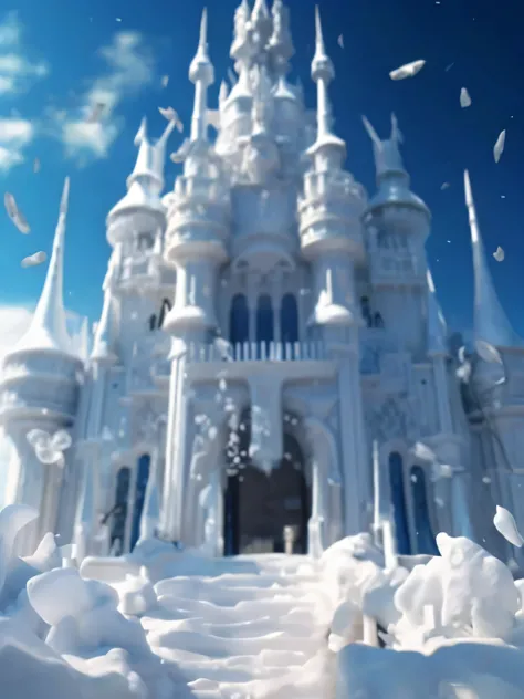 Alafid Castle covered with snow，white bird flying, global illumination. Visual effects, Feiyun Castle, In her surreal virtual reality castle, Complex and gorgeous anime CGI style, Castle made of clouds, Cinema 4d rendering, David La Chapelle, 3D amazing de...