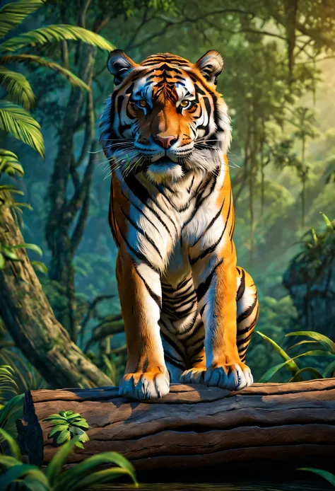 (( tigre:1.5, ultra detallado:1.4, majestuoso, imponente, elegant, temible, encaramado en un tronco en medio de la selva.:1.4), ...