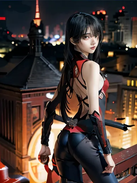 highest quality、realistic style、woman with long black hair、sharp eyes、small breasts、beautiful butt that the costume digs into、lo...