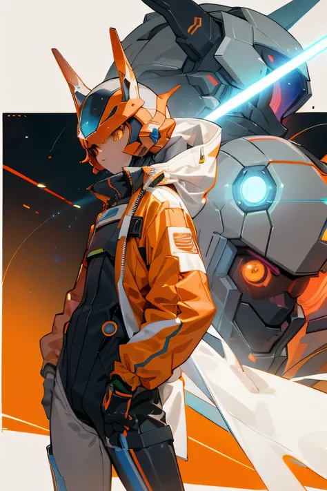 Young adult, Male, Robot, Laser Sword, space background, robot Helmet, Orange Eyes, Space Jump Jacket.