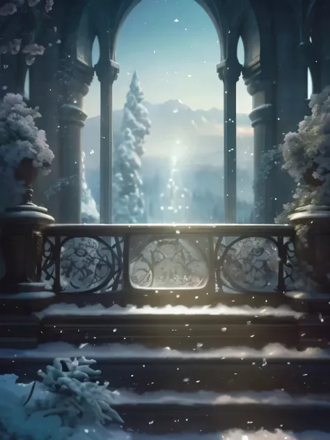 Snow scene with balcony and snow trees, Unreal Engine fantasy art, Beautiful fairy tale rendering, Unreal Engine ; romantic theme, elegant fantasy art, Unreal Engine render concept art, winter concept art, Fantasy style 8K Octane rendering, Stunning detail...