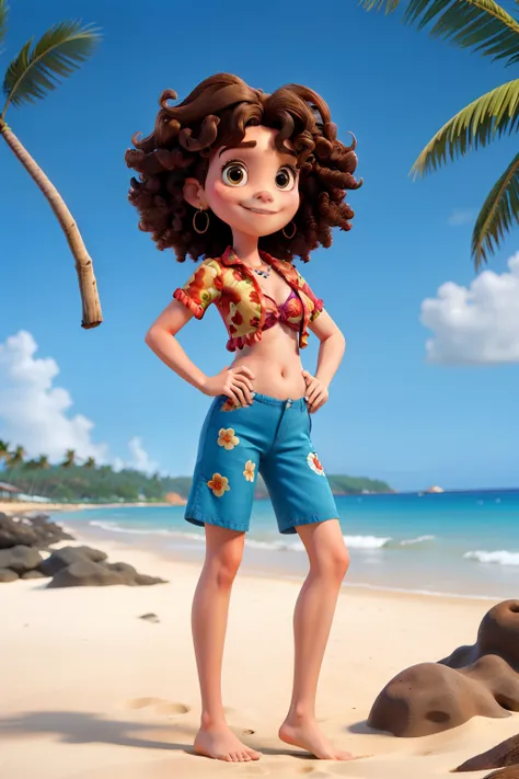 Brunette  with curly hair and Hawaiian outfit on the beach with stitch 