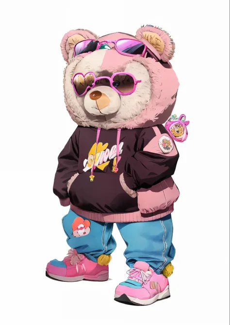 Cartoon bear wearing sunglasses and pink wallet holding drink, teddy fresh, full body mascot, Beast in fashionable clothes, mascot illustration, cartoon style illustration, Teddy bear, ( Bear wearing sunglasses, full body illustration, Made with adobe illu...