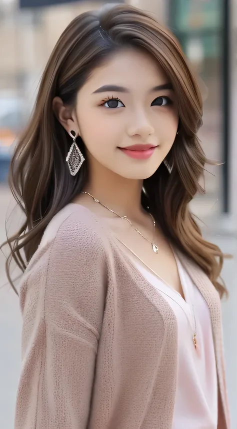 Full body Liya silver, standing, brown_eyes, ((beautiful slim teenage girl 18 year old, hair color [Brown highlights hair], [undercut pixie] hair)), earrings, lips, realistic, narrow waist, charming, pink lipstick, colorful makeup, long eyelashes, earrings...