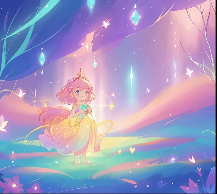 beautiful girl in glowing layered fantasy dress, fairy girl, sparkling glowing lights, long glowing purple pink hair, otherworldly flowers and colorful plants, inspired by Glen Keane, inspired by Lois van Baarle, fantasia otherworldly landscape, fantasia b...