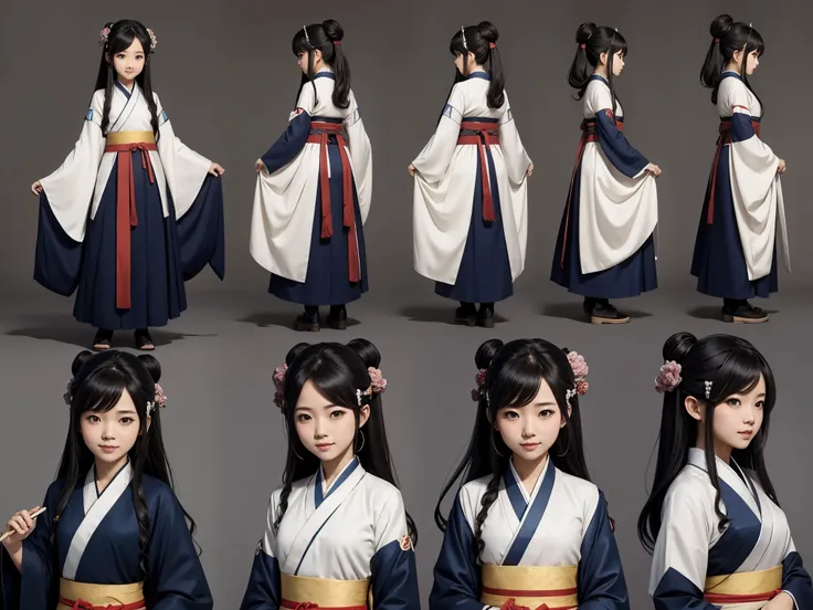 character design sheet, cute girl, hanfu