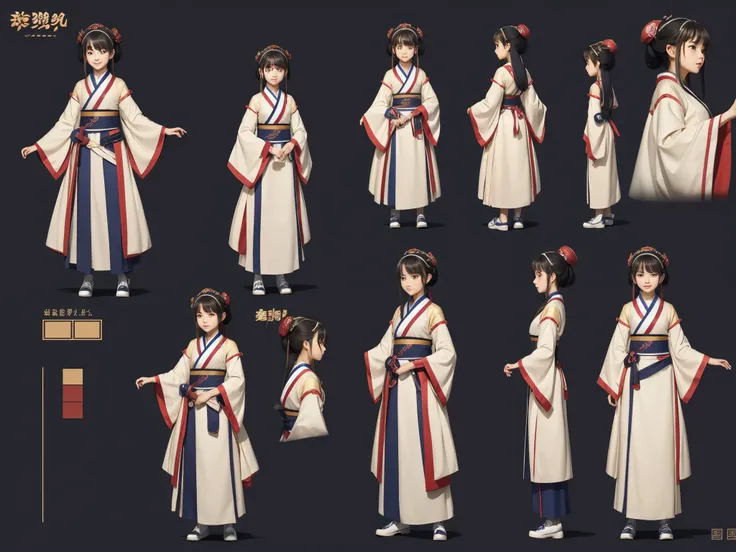 character design sheet, cute girl, hanfu