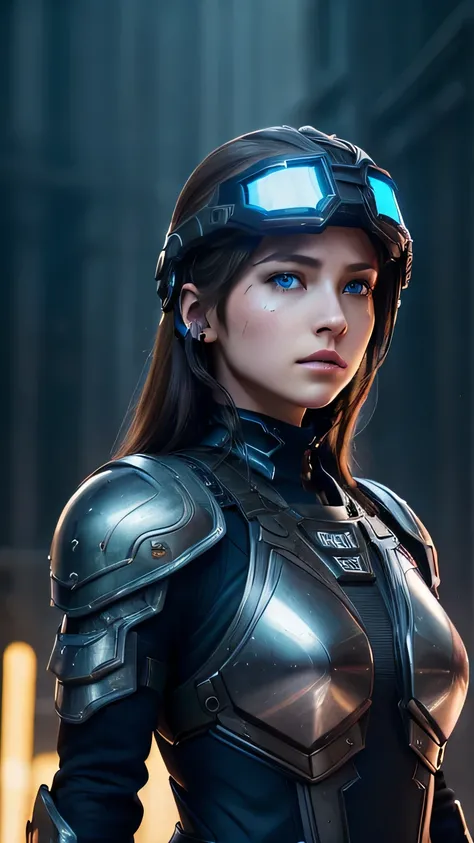 masterpiece,  最high quality, , (alone), 1 girl, look up, dim light, , horizon_(apex legend), goggles, blue eyes, brown hair, gauntlet,full body armor,  wear a helmet, (science_fiction), outdoors, street, neon light, cyber punk, masterpiece, 最high quality, ...