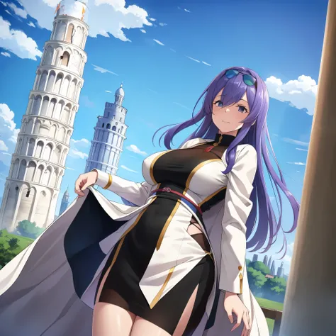 a woman wearing a dress, near the Leaning Tower of Pisa