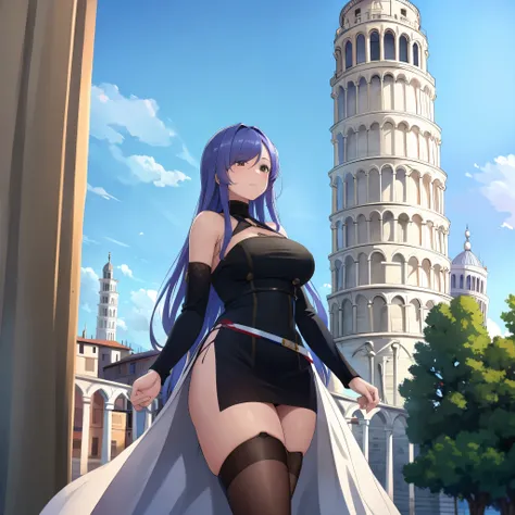 a woman wearing a dress, near the Leaning Tower of Pisa