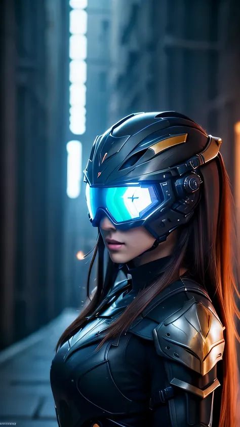 masterpiece,  最high quality, , (alone), 1 girl, look up, dim light, , horizon_(apex legend), goggles, blue eyes, brown hair, gauntlet, armor,  wear a helmet, (science_fiction), outdoors, street, neon light, cyber punk, masterpiece, 最high quality, high qual...