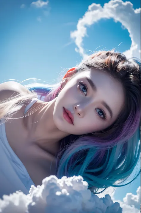 nebulous art of an (ethereal:1.2) cosmic goddess dissolving into nebulous clouds, colorful, nebulous texture, nebulous clouds, beautiful female face consisting entirely of clouds, looking at viewer, space